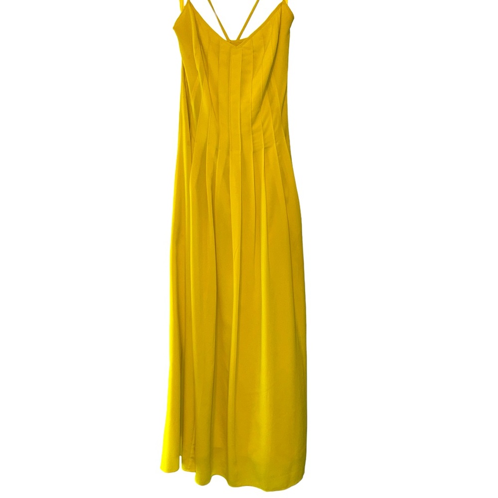 Lemon yellow midi dress with criss-cross spaghetti strap back and fitted bodice